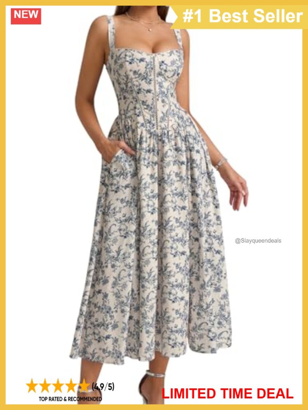 Floral Corset Midi Dress Square Neck Smocked Lace A-Line Wedding Guest
